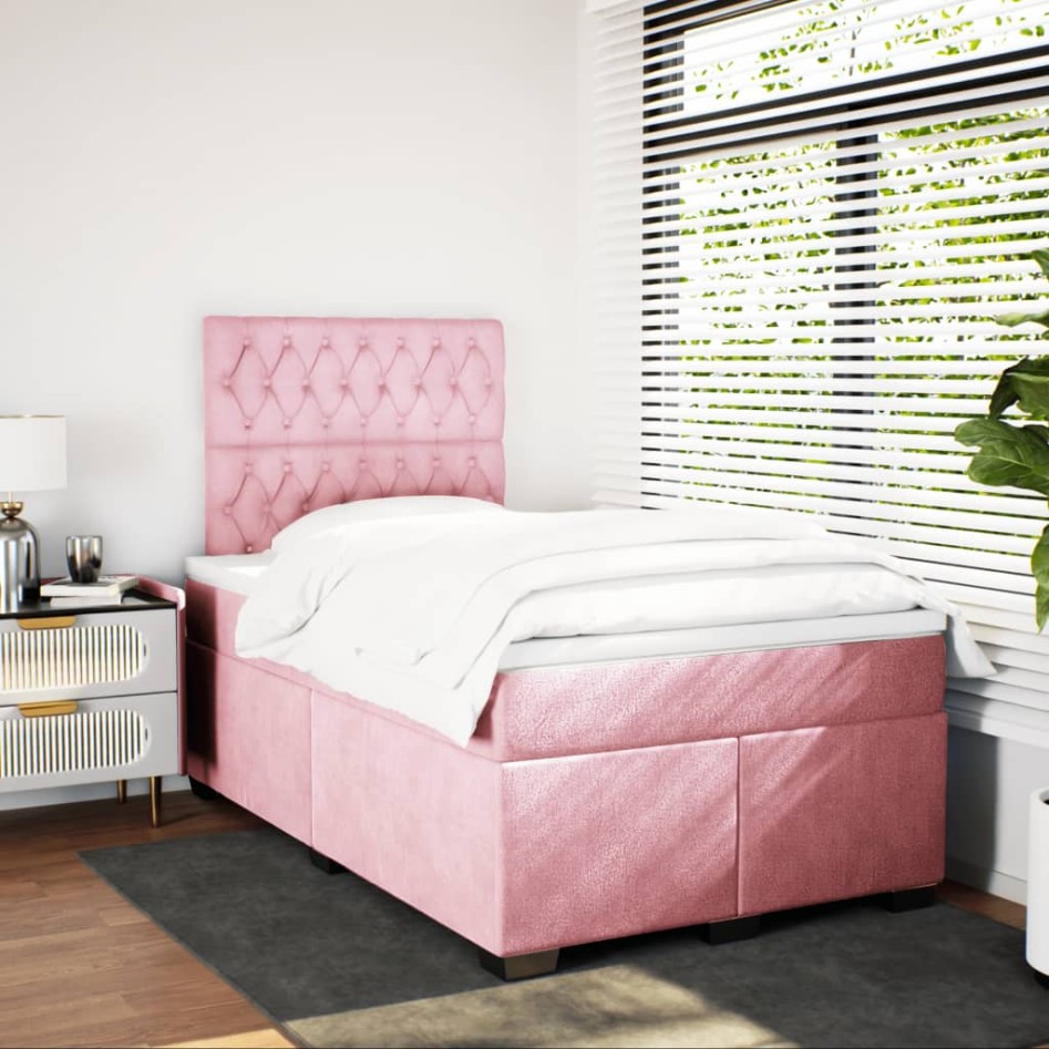 Cama box spring con colchón terciopelo rosa 120x200