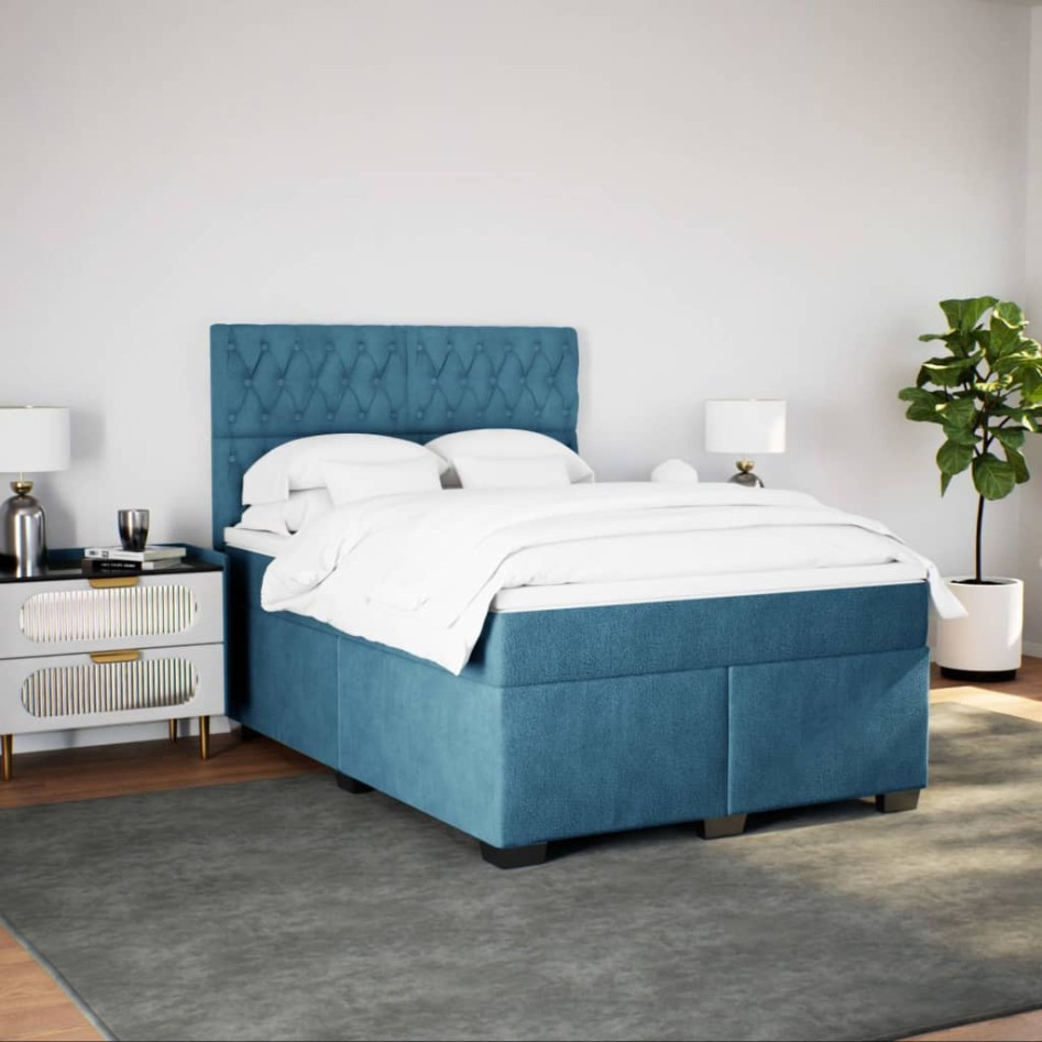Cama box spring con colchón terciopelo azul 140x190