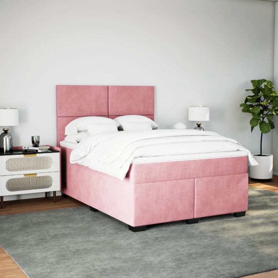 Cama box spring con colchón terciopelo rosa 140x190