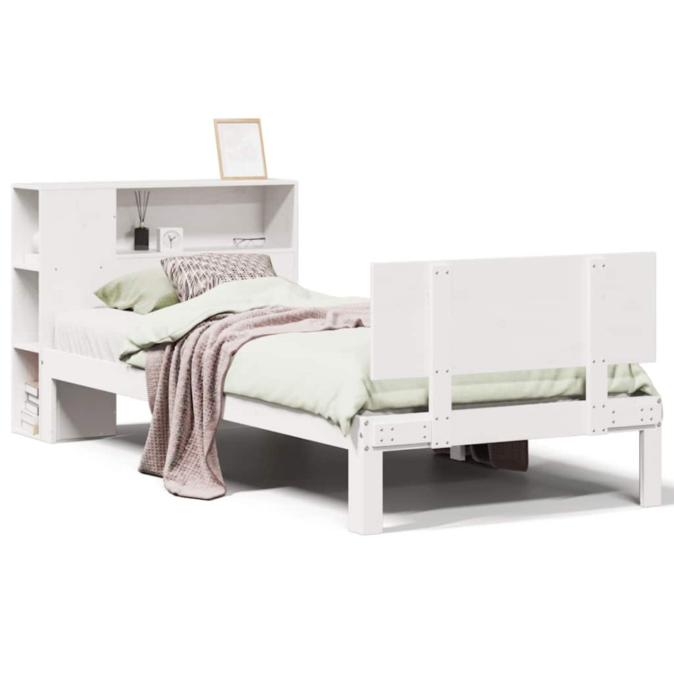 Cama con estantería sin colchón madera maciza blanca 75x190