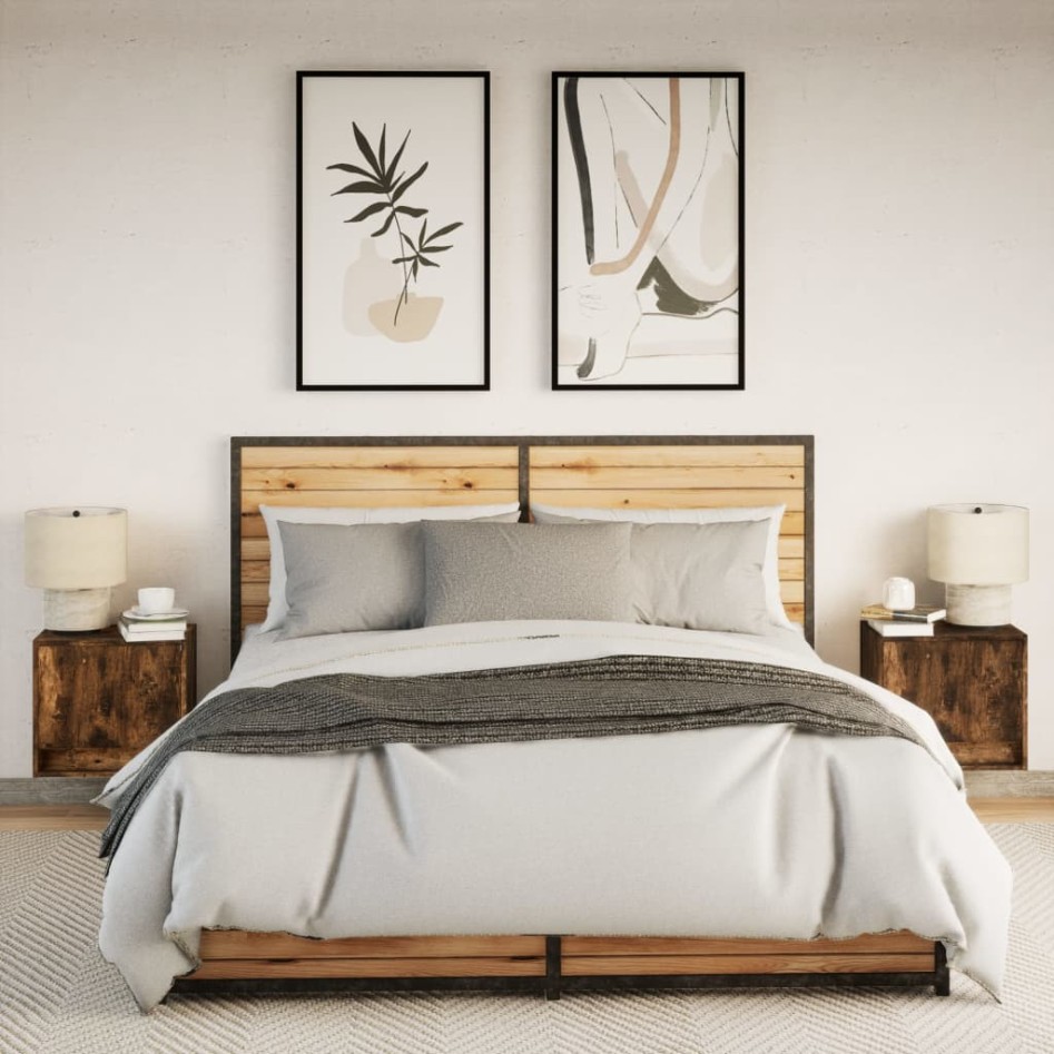 Mesitas de noche de pared con luces LED 2 uds roble