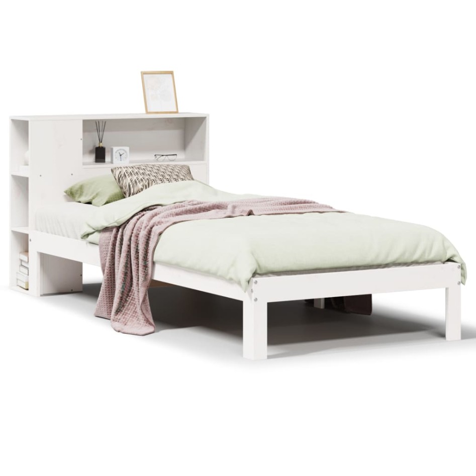 Cama con estantería sin colchón madera maciza blanco 90x200