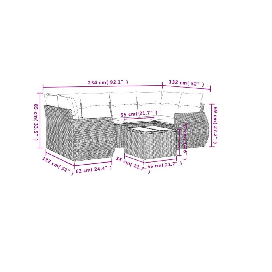 Set de comedor de jardín 7 pzas y cojines ratán sintético