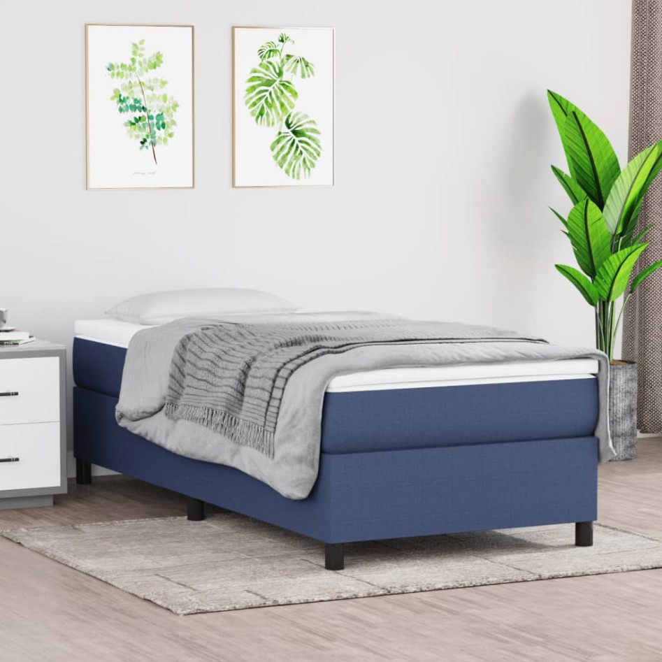 Cama box spring con colchón tela azul 90x200