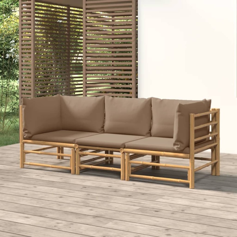 Set de muebles de jardín 3 piezas bambú y cojines gris