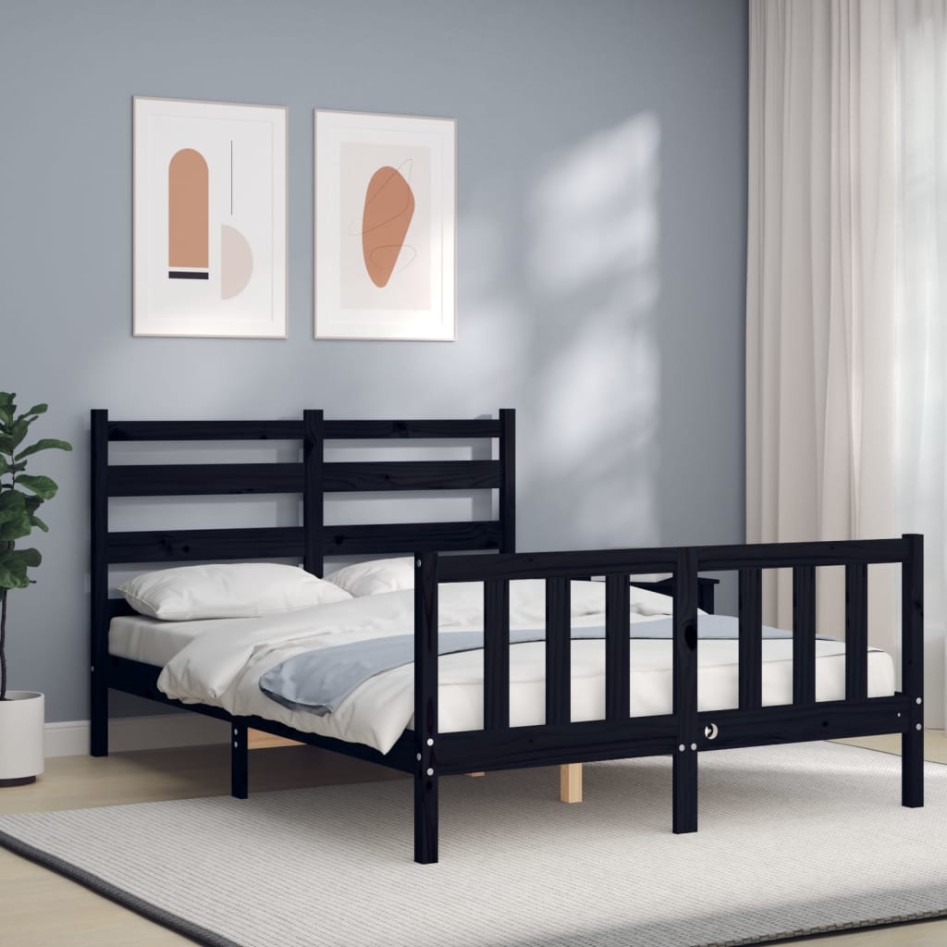 Estructura de cama con cabecero madera maciza negro 140x190