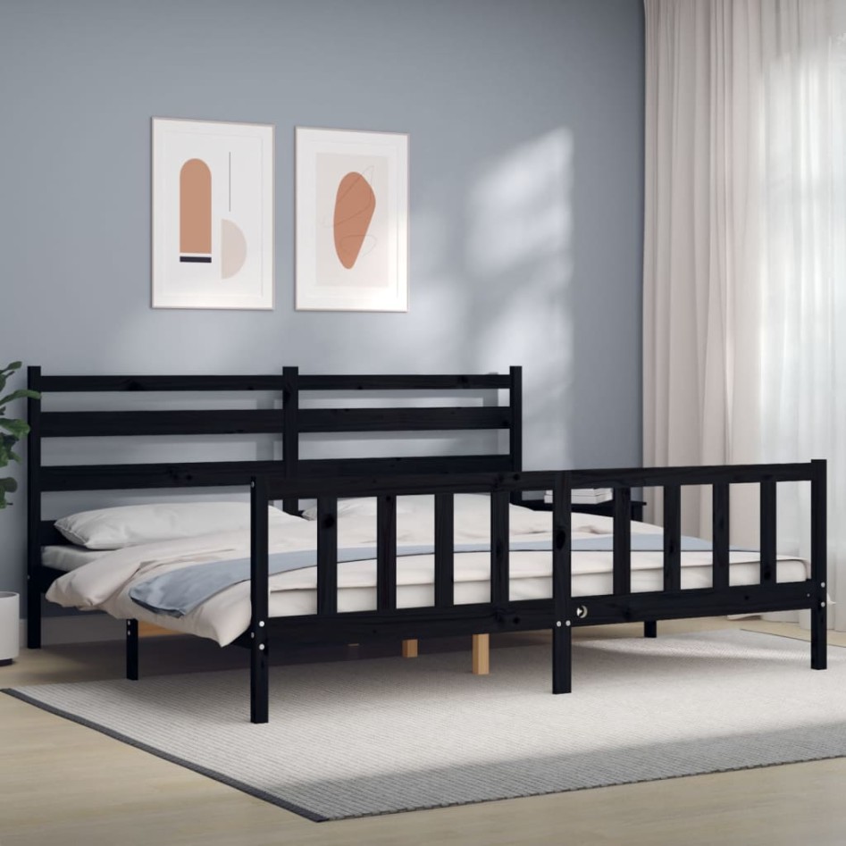 Estructura de cama con cabecero madera maciza negro 200x200
