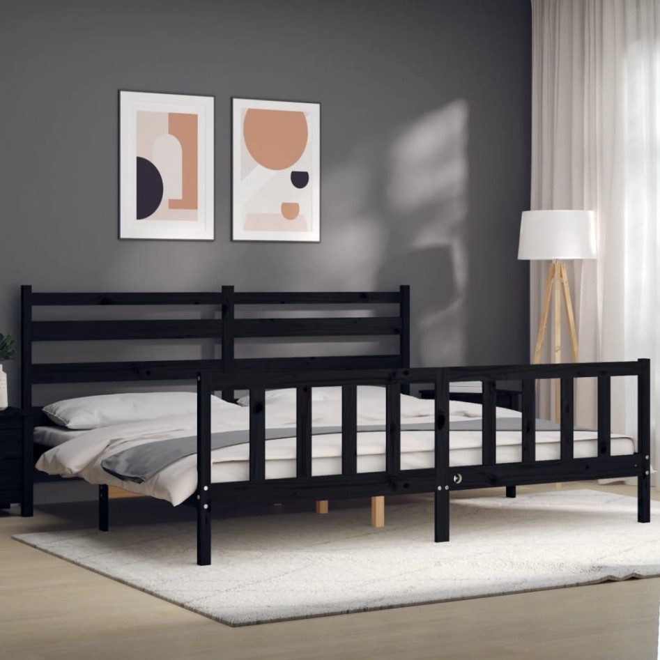 Estructura de cama con cabecero madera maciza negro 200x200