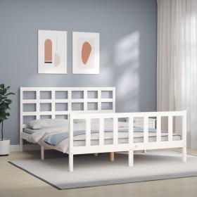 Estructura de cama con cabecero madera maciza blanco 160x200