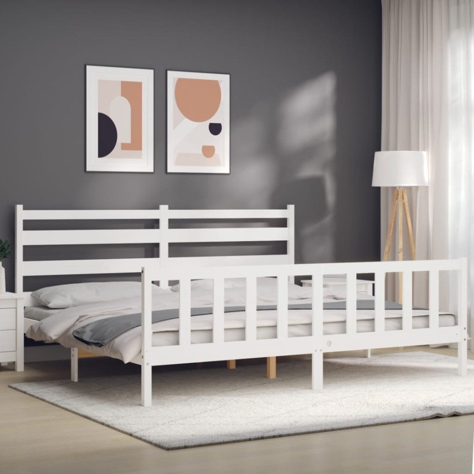 Estructura de cama con cabecero madera maciza blanco 200x200
