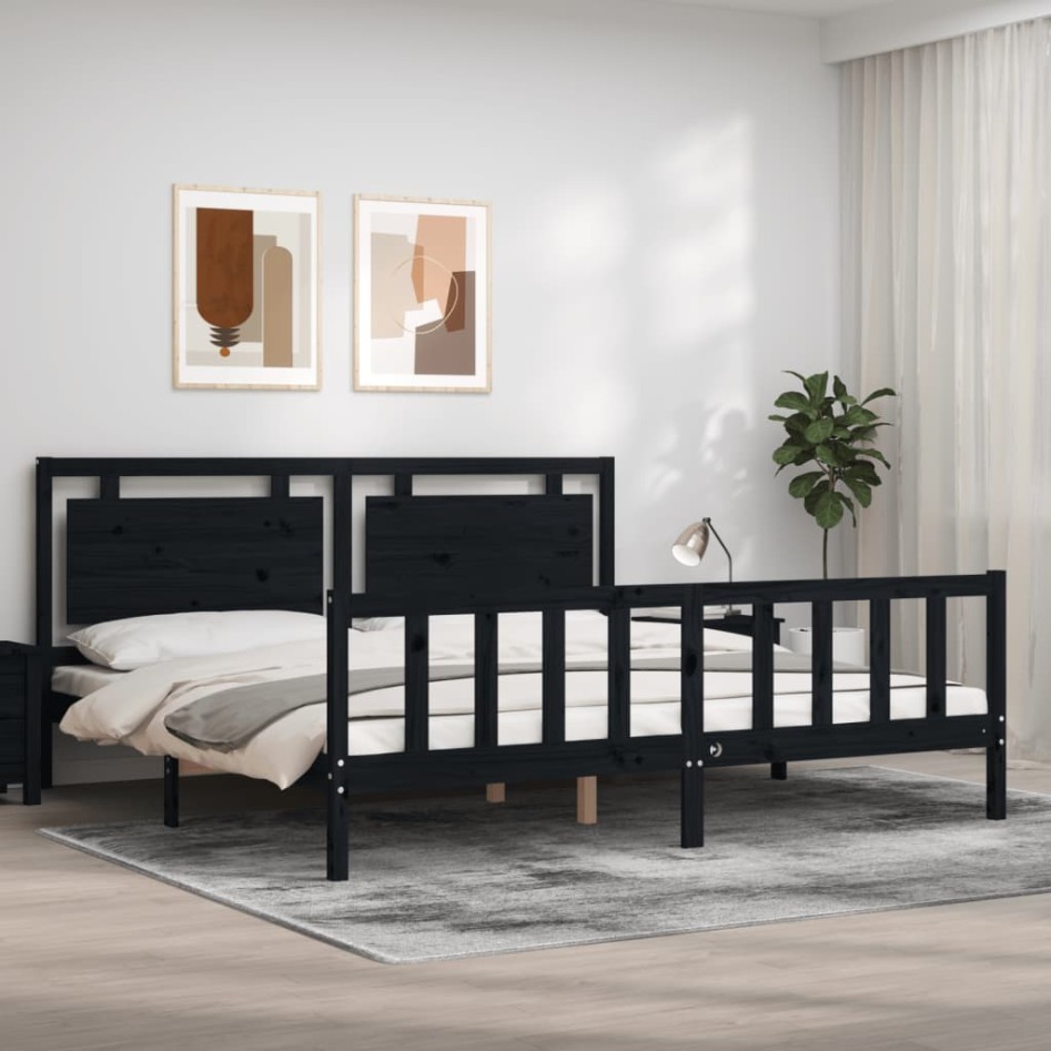 Estructura de cama con cabecero madera maciza negro 200x200