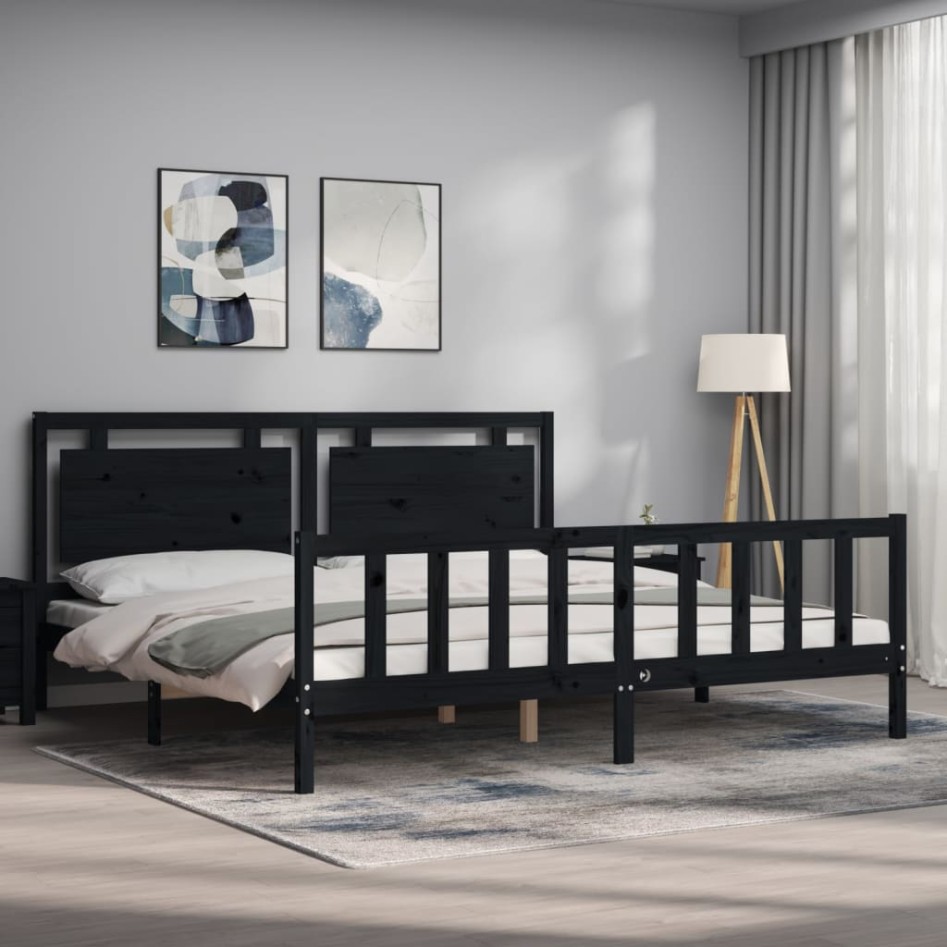 Estructura de cama con cabecero madera maciza negro 200x200