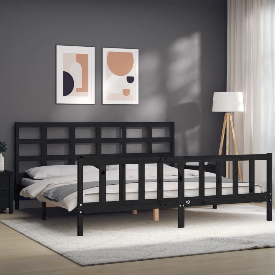 Estructura de cama con cabecero madera maciza negro 200x200