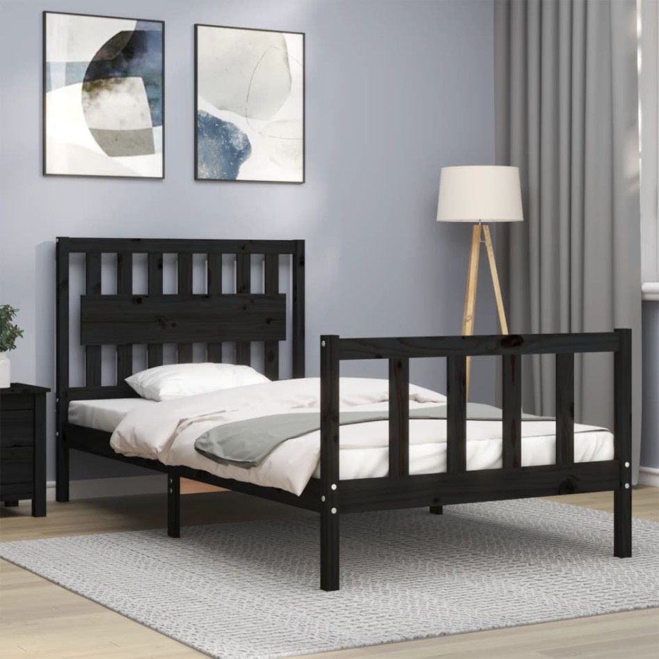 Estructura de cama con cabecero madera maciza negro 100x200