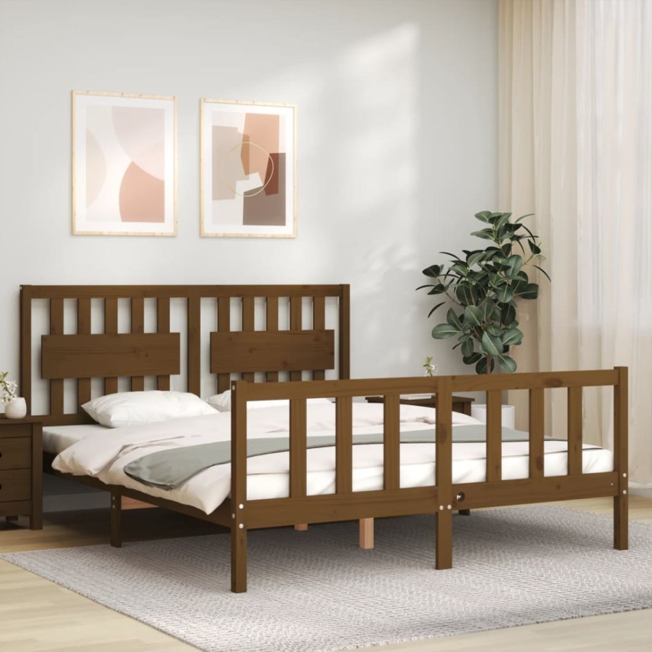 Estructura de cama matrimonio con cabecero madera marrón