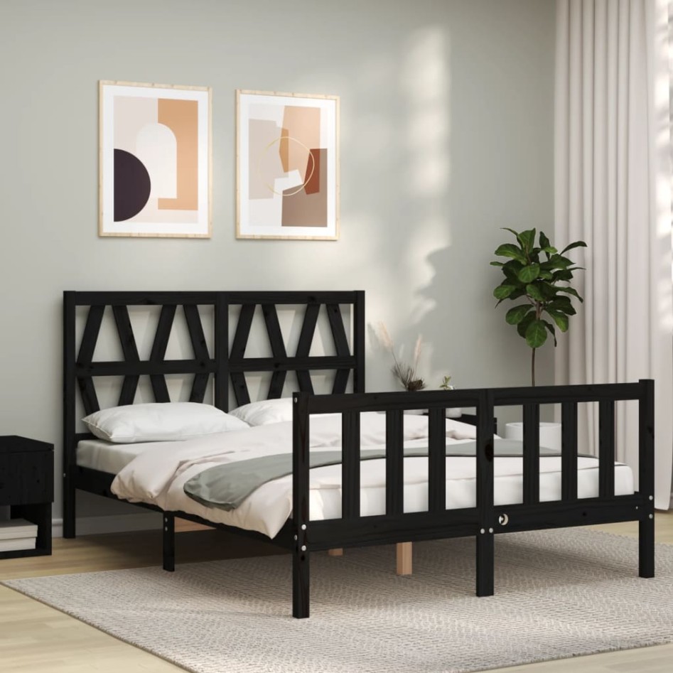 Estructura de cama con cabecero madera maciza negro 140x200