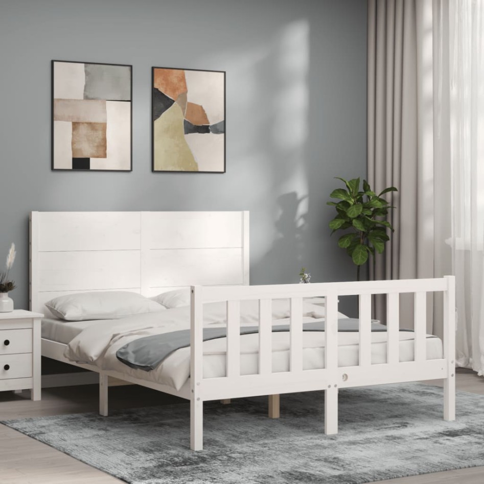 Estructura de cama con cabecero madera maciza blanco 140x190