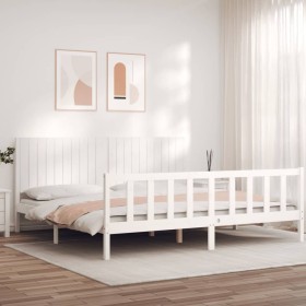 Estructura de cama con cabecero madera maciza blanco 200x200