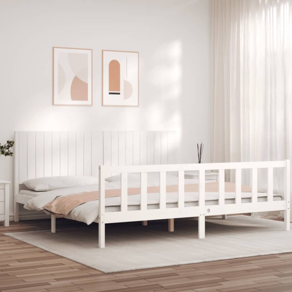 Estructura de cama con cabecero madera maciza blanco 200x200