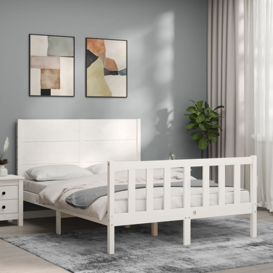Estructura de cama con cabecero madera maciza blanco 120x200