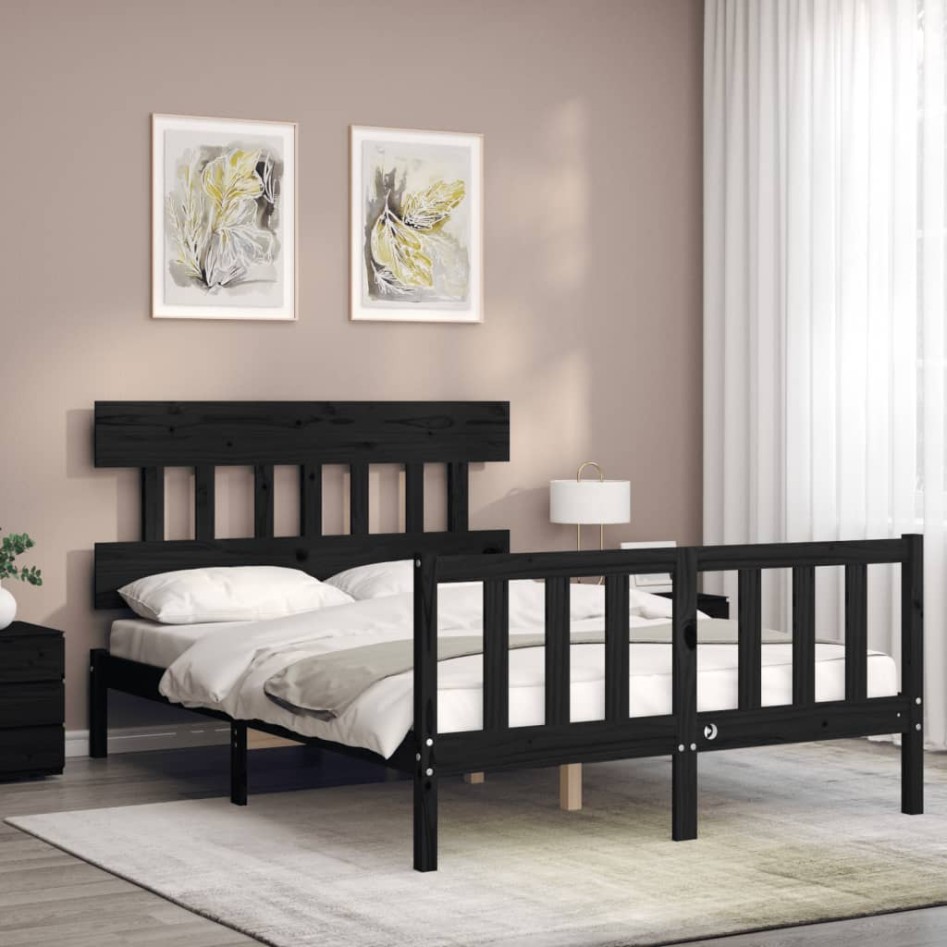 Estructura de cama con cabecero madera maciza negro 140x190