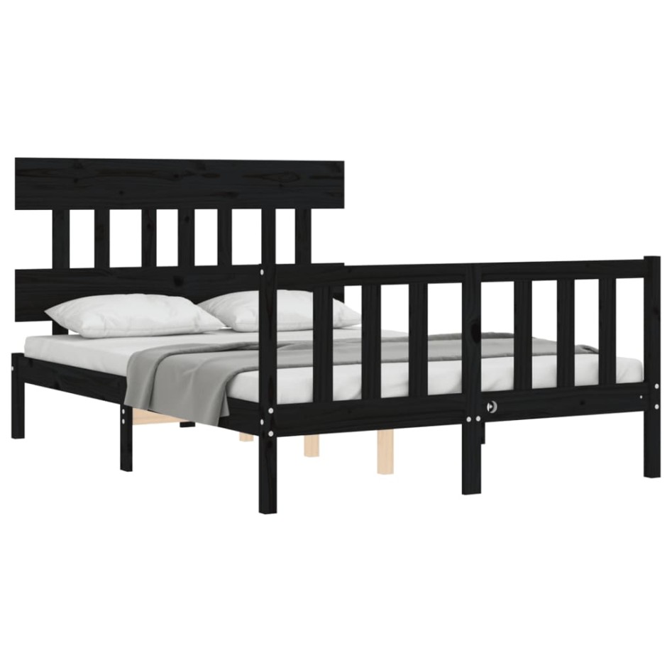 Estructura de cama con cabecero madera maciza negro 140x190