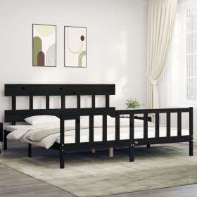 Estructura de cama con cabecero madera maciza negro 200x200