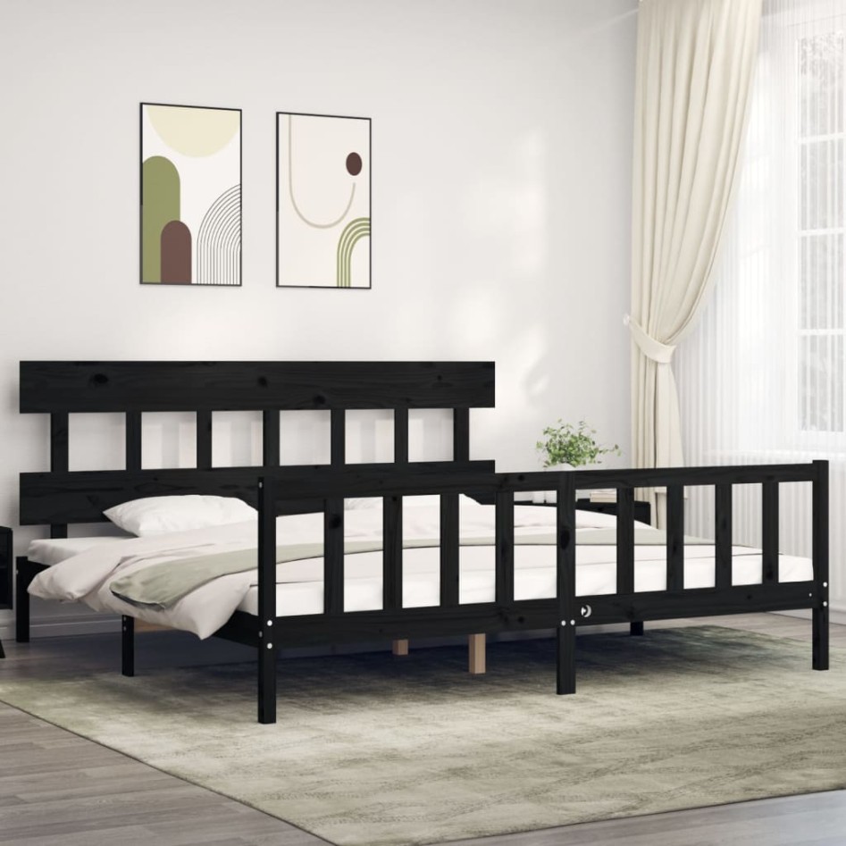 Estructura de cama con cabecero madera maciza negro 200x200