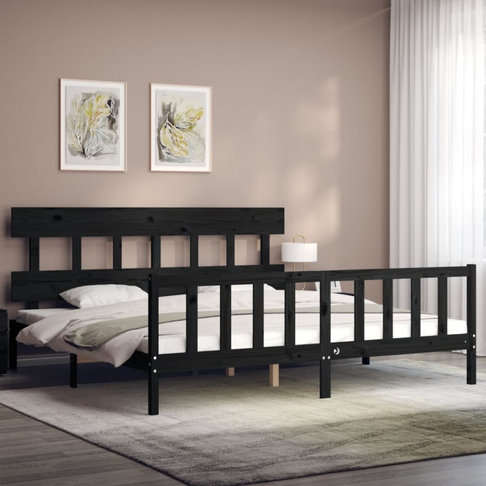 Estructura de cama con cabecero madera maciza negro 200x200