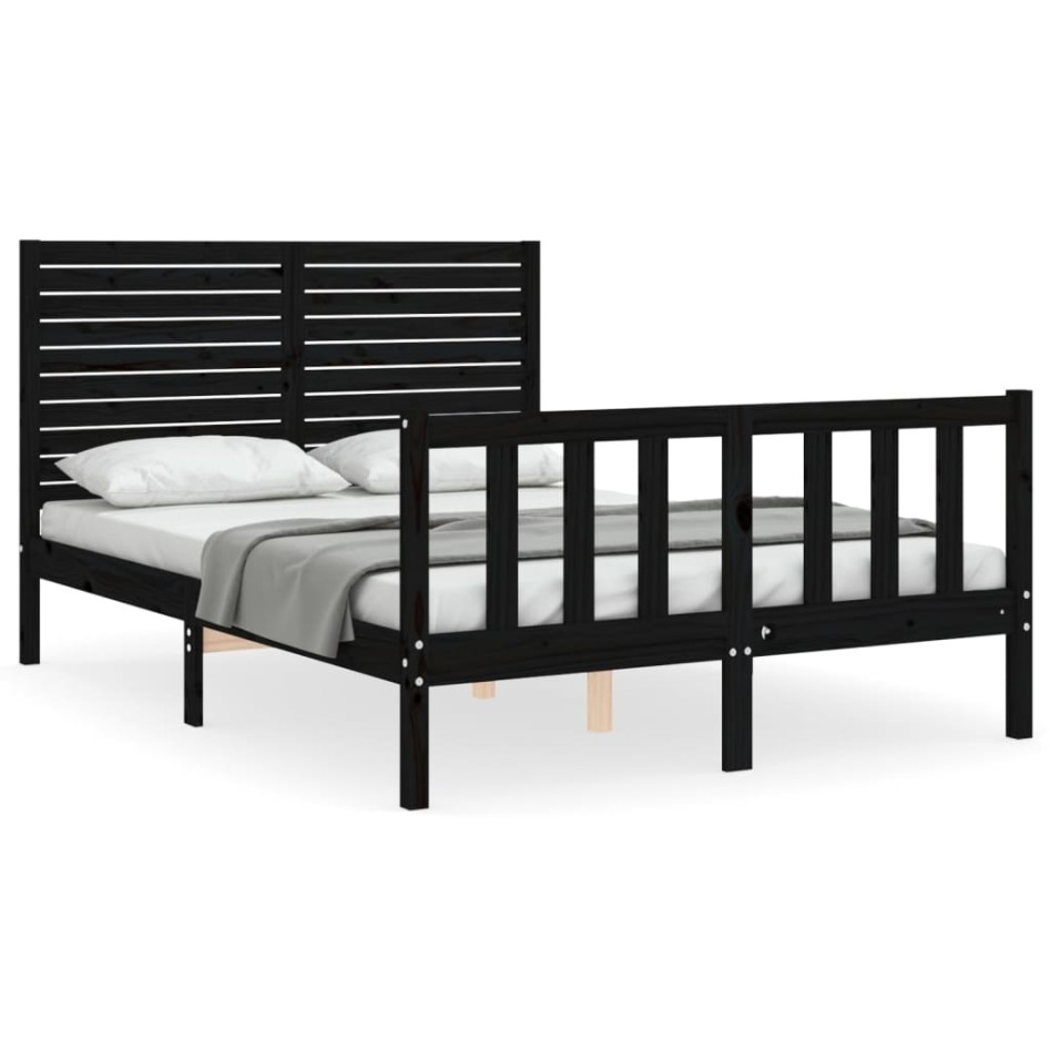 Estructura de cama con cabecero madera maciza negro 140x200