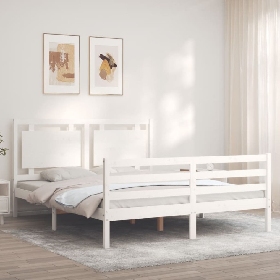 Estructura de cama con cabecero madera maciza blanco 160x200