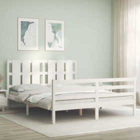 Estructura de cama con cabecero madera maciza blanco 160x200