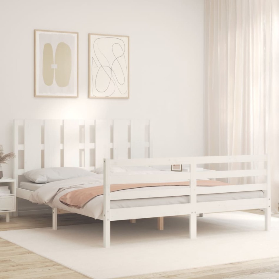 Estructura de cama con cabecero madera maciza blanco 160x200