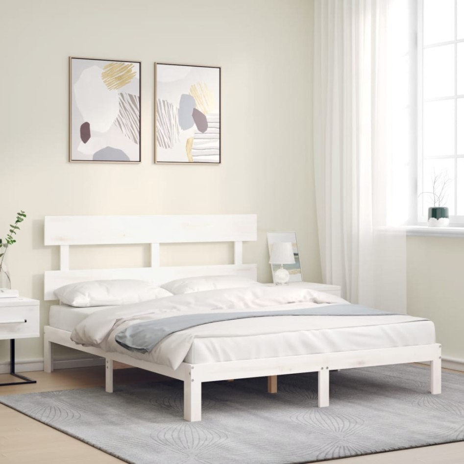 Estructura de cama con cabecero madera maciza blanco 160x200
