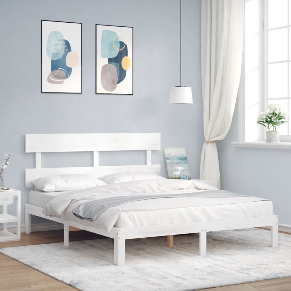 Estructura de cama con cabecero madera maciza blanco 160x200