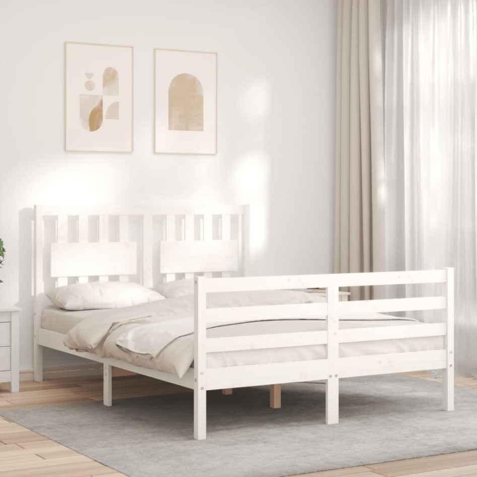 Estructura de cama con cabecero madera maciza blanco 120x200
