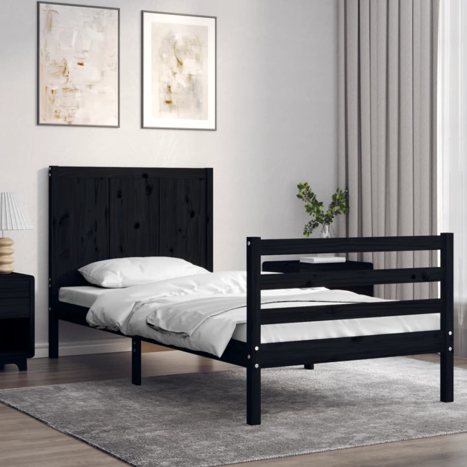 Estructura de cama con cabecero madera maciza negro 90x200