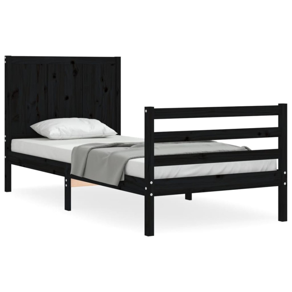 Estructura de cama con cabecero madera maciza negro 90x200