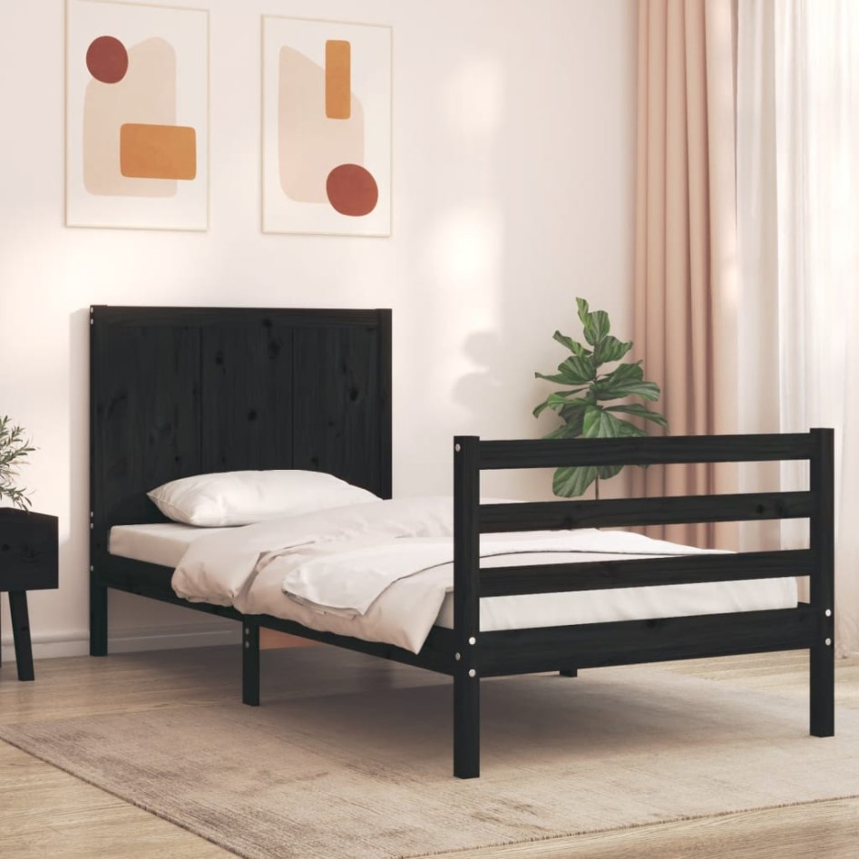 Estructura de cama con cabecero madera maciza negro 90x200