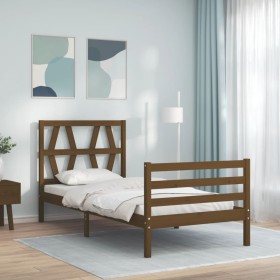 Estructura cama con cabecero madera maciza marrón miel