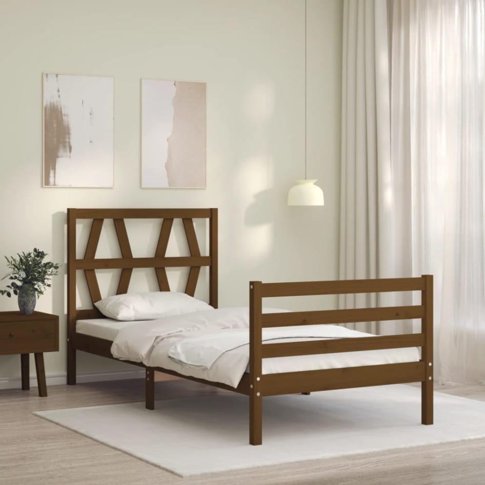Estructura cama con cabecero madera maciza marrón miel