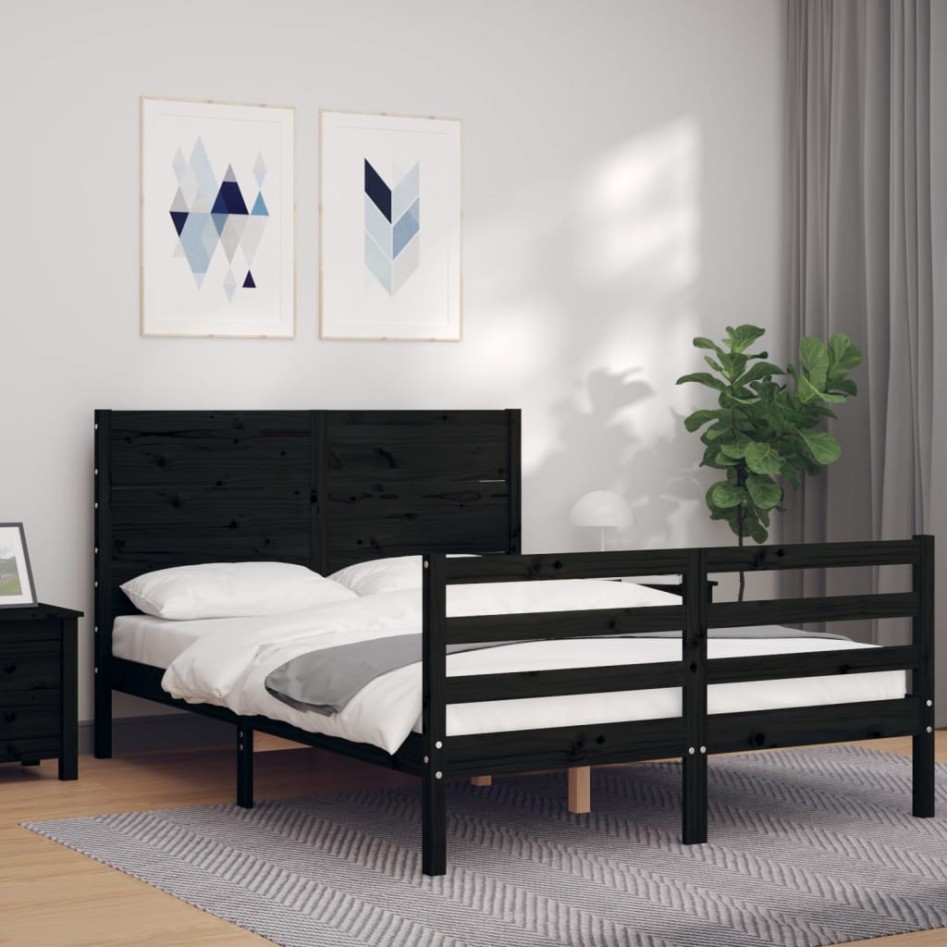 Estructura de cama con cabecero madera maciza negro 120x200