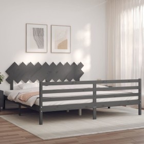 Estructura de cama con cabecero madera maciza gris