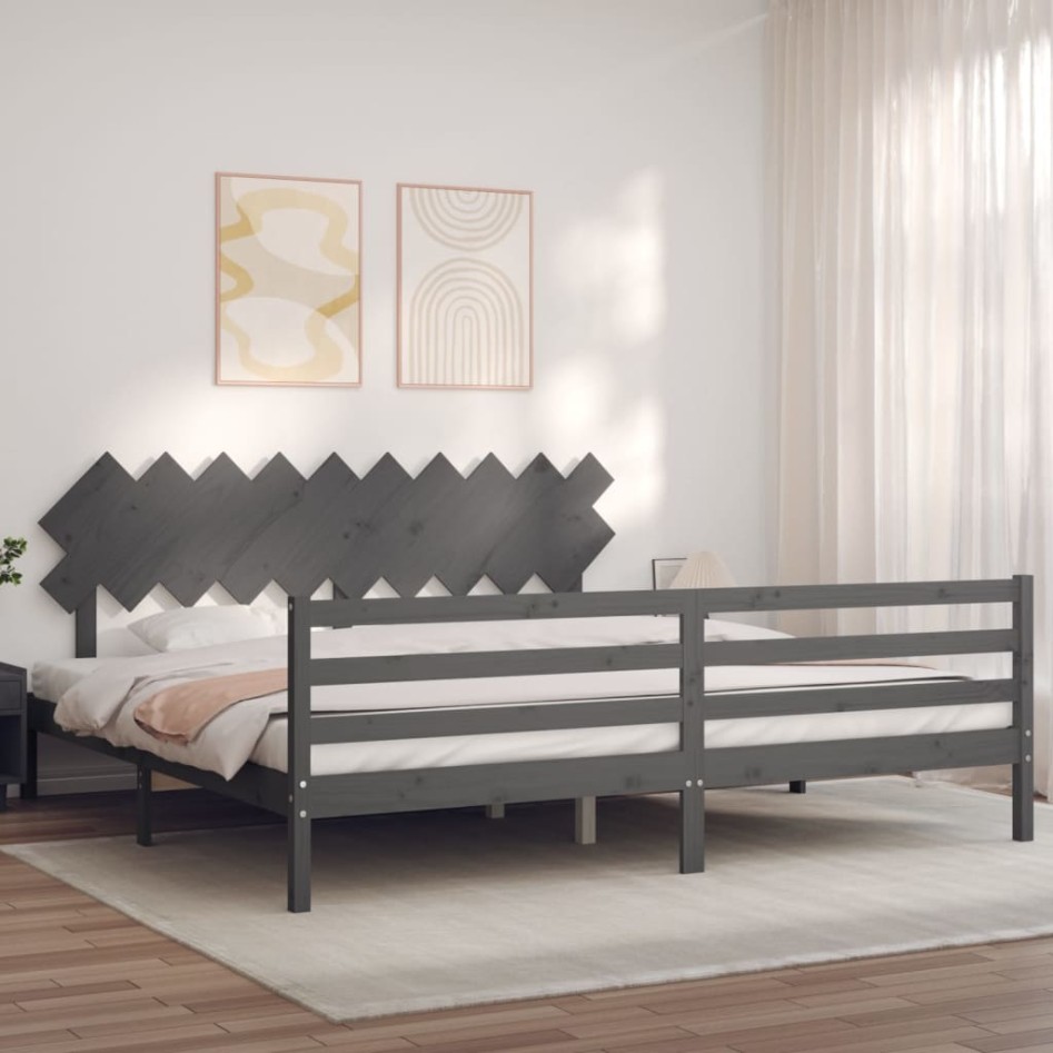 Estructura de cama con cabecero madera maciza gris