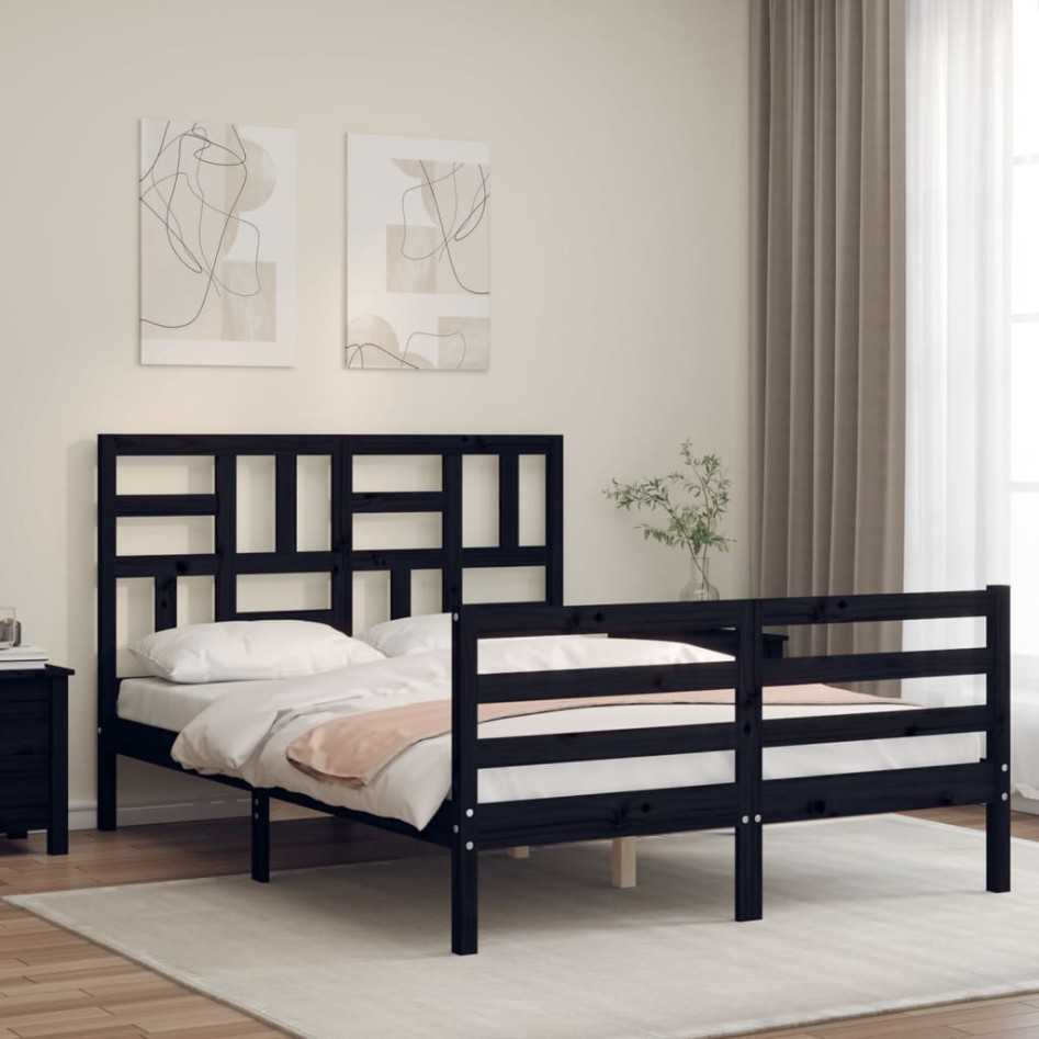 Estructura de cama con cabecero madera maciza negro 120x200