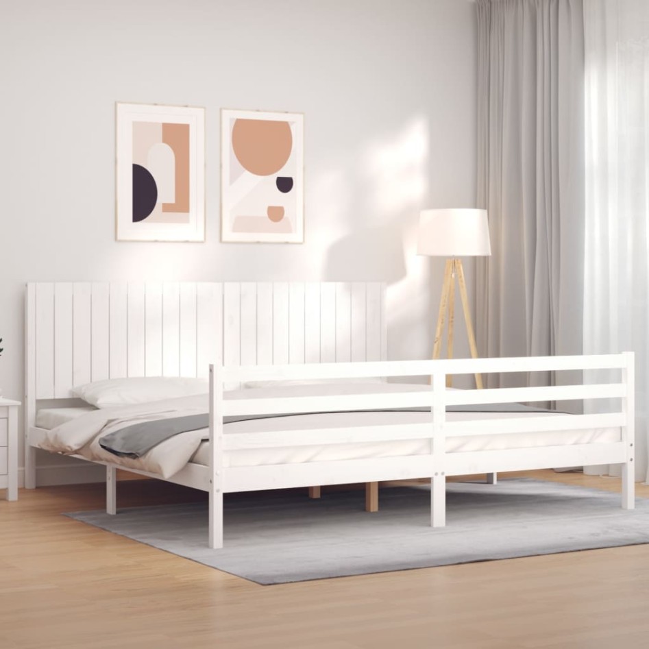 Estructura de cama con cabecero madera maciza blanco 200x200