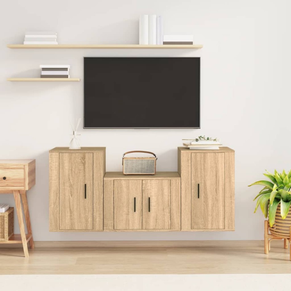 Set de muebles para TV 3 pzas madera contrachapada roble