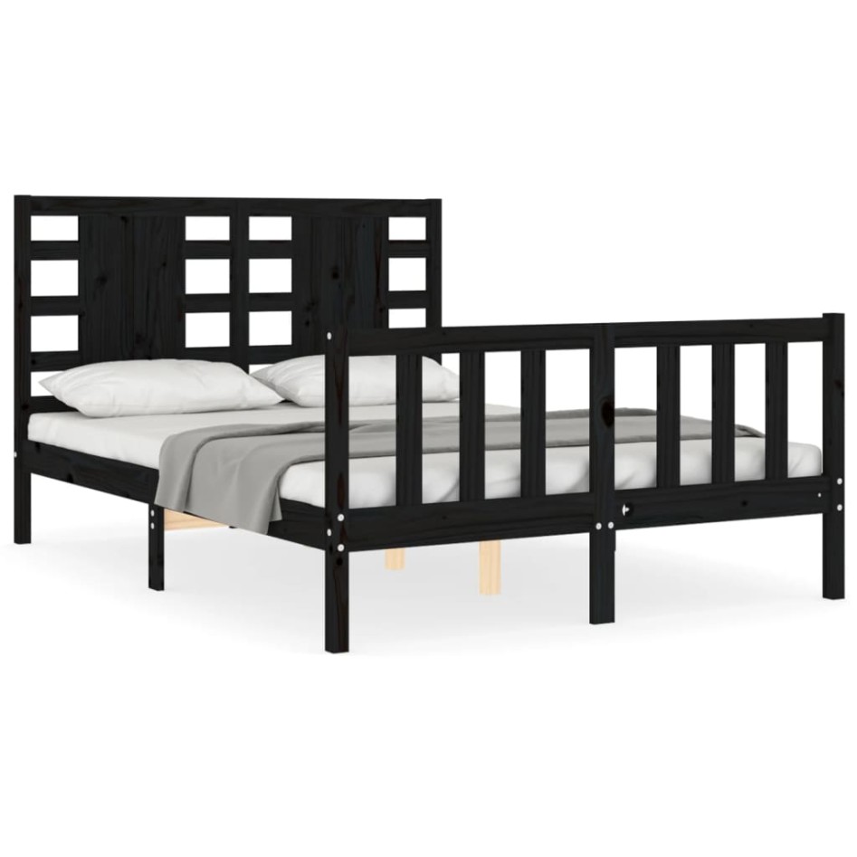 Estructura de cama con cabecero madera maciza negro 140x200