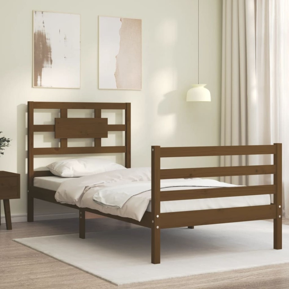 Estructura cama con cabecero madera maciza marrón miel