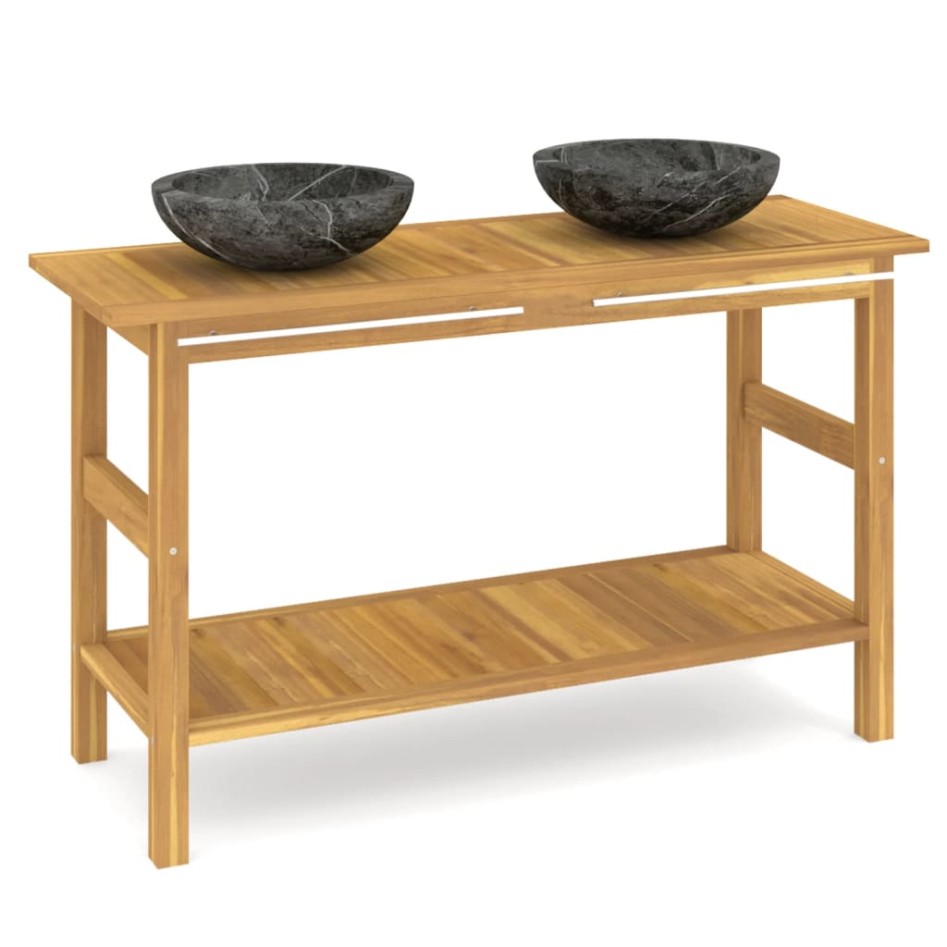 Tocador de baño madera maciza de teca con lavabos mármol